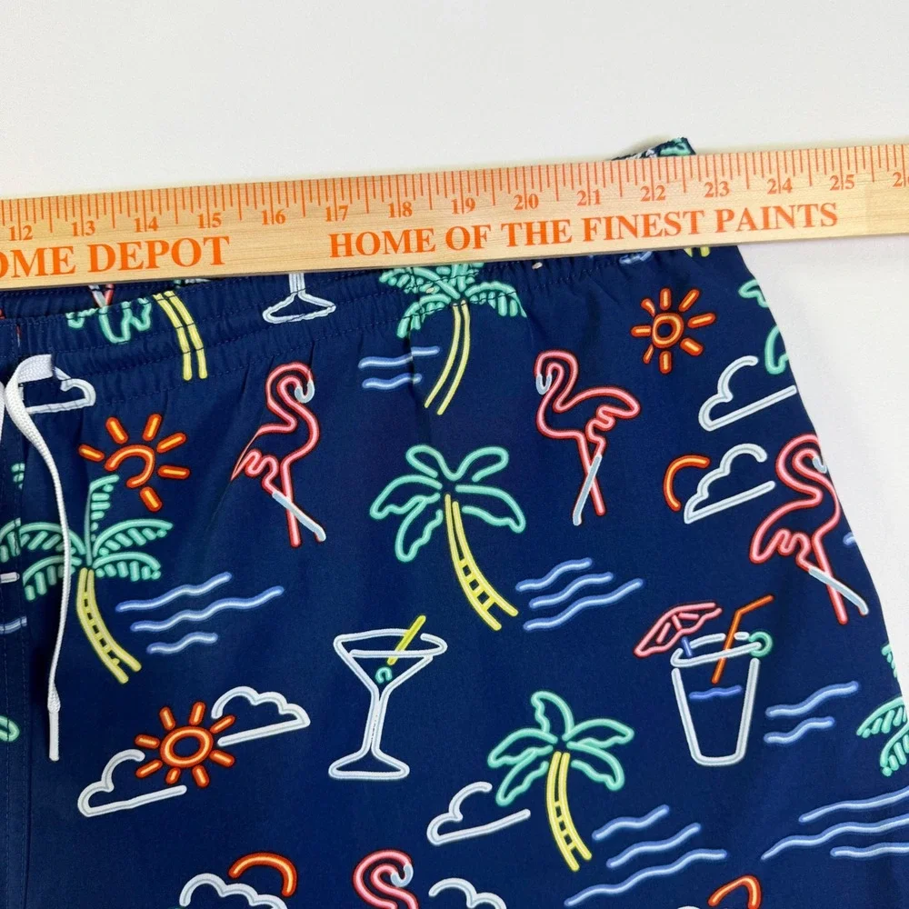 Chubbies Mens Navy Blue Neon Flamingo Palm Tree Print Swim Trunks Mesh Liner 3XL